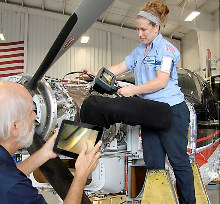 Flightline Group inspection aircraft using Hawkeye V3 HD Video Borescope