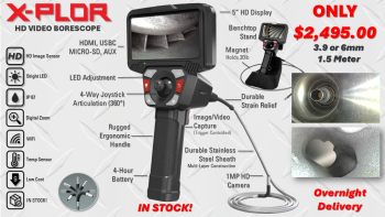 X-Plor HD video borescope with 5" display, rugged handle, joystick control, and probe for inspection tasks (IN STOCK).