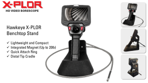 Slide7 | Hawkeye Borescopes Hawkeye X-PLOR benchtop stand with a handheld sensor and display facing forward; three product thumbnails shown on the right side.