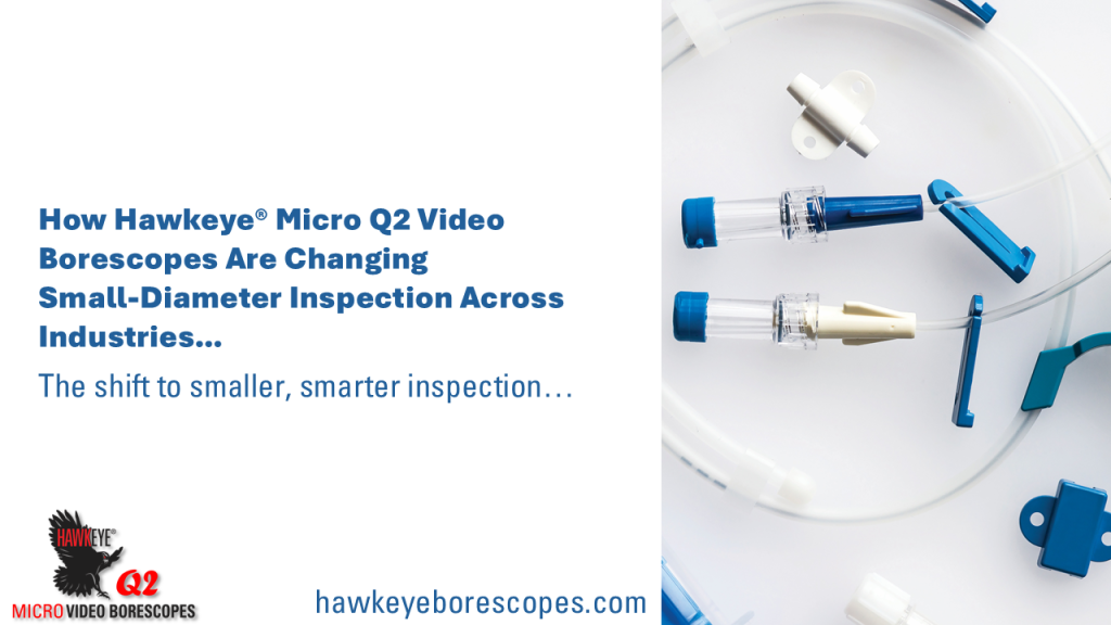 Product image of Hawkeye Q2 micro video borescope components with blue handles and clear tips arranged inside a circular frame near the page left edge.