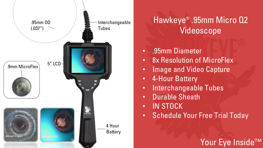 Hawkeye .95mm Micro Q2 videoscope with a 5-inch LCD, with interchangeable tubes and a 4-hour battery; red panel lists features in bullets.