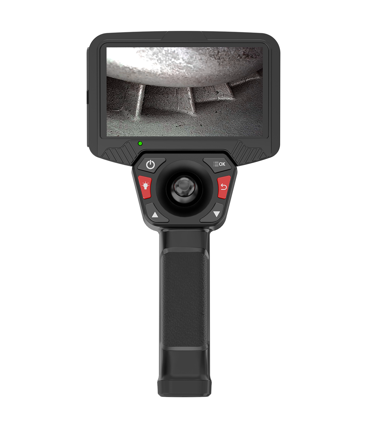 Handheld video borescope with a display showing a metal interior and a rugged control pad below it.